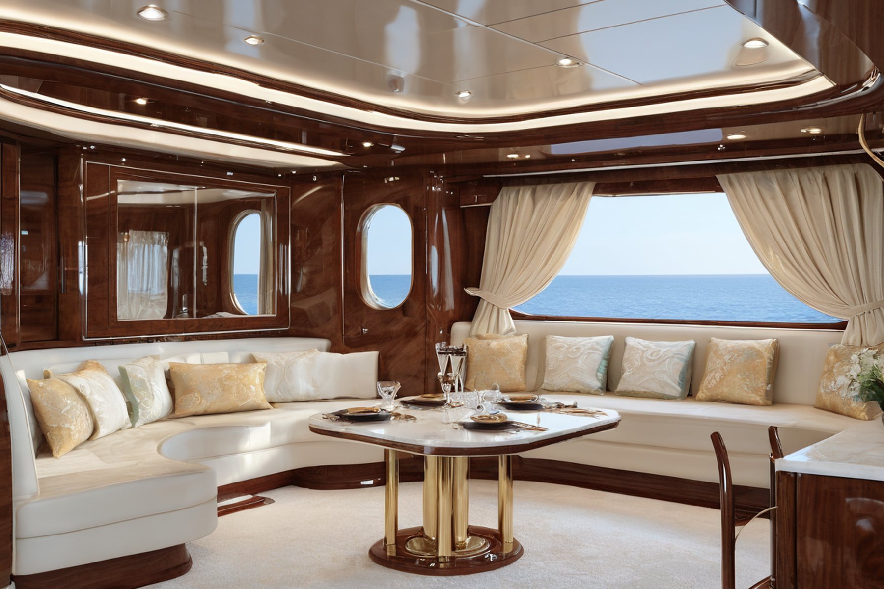 classic yacht main saloon interior compact dining zone by Modenese Gastone