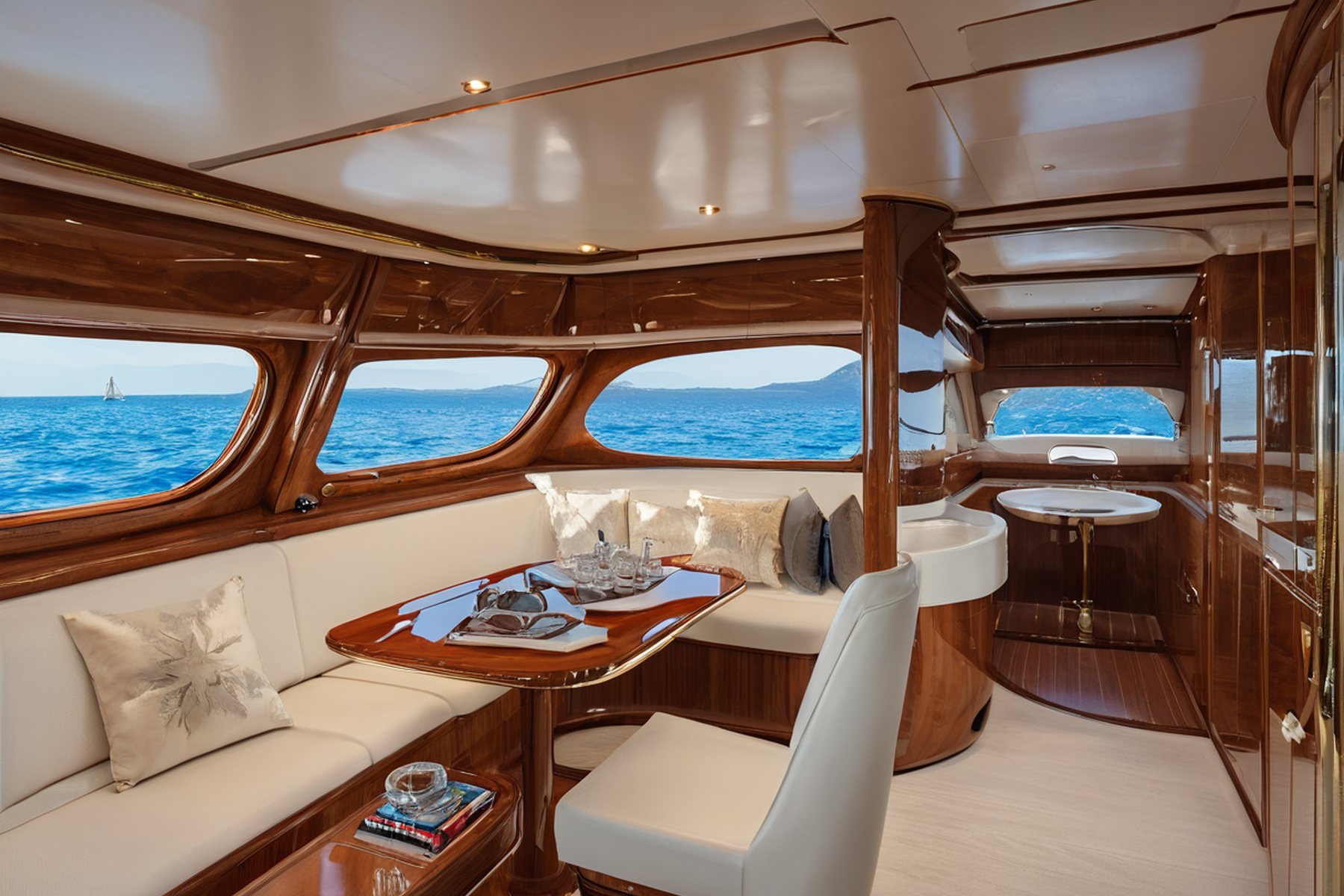 classic yacht main saloon interior curved sofa under windows by Modenese Gastone