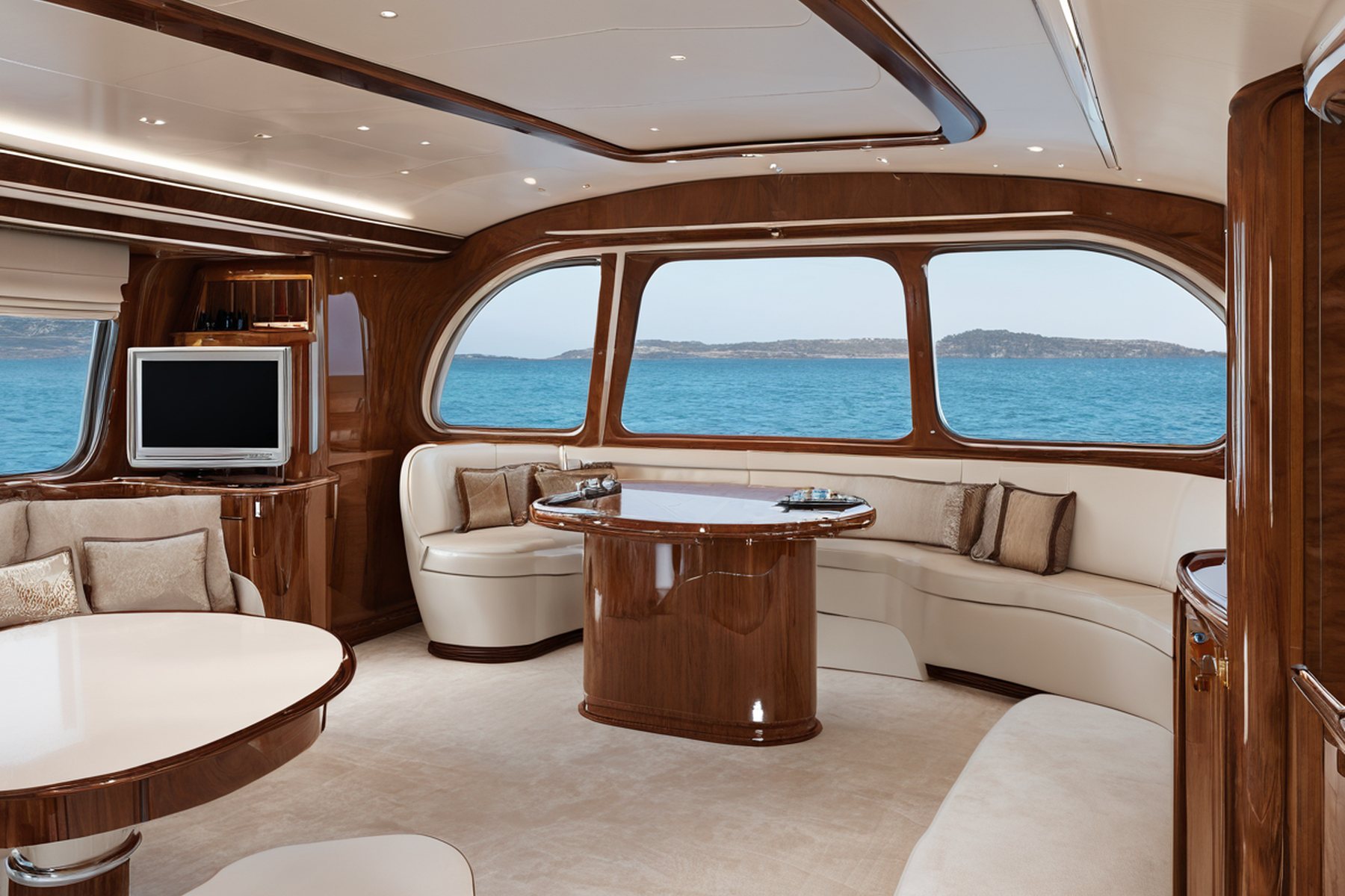 luxury yacht interior design curved hull dining by Modenese Gastone